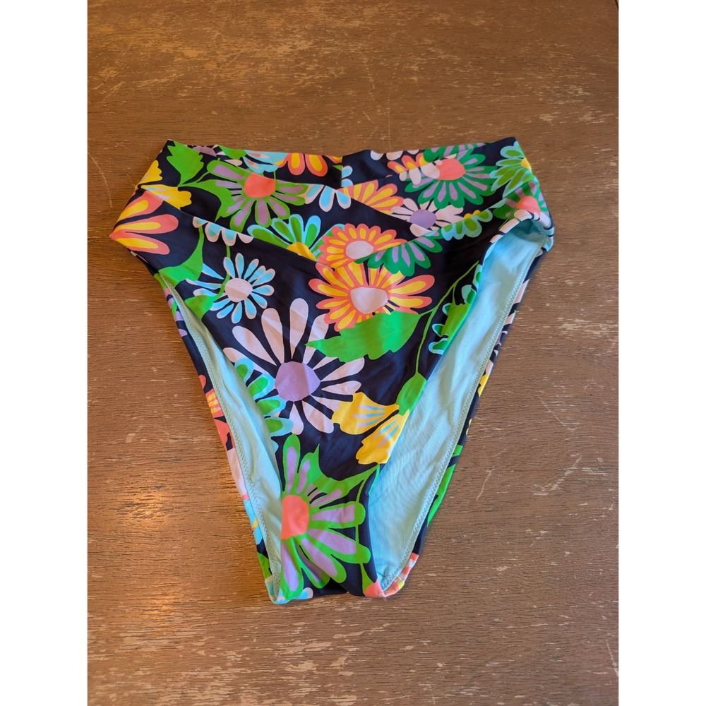 Aerie High Cut Cheeky Bikini Bottoms Retro Floral V-Waist Navy Large NWTs beach